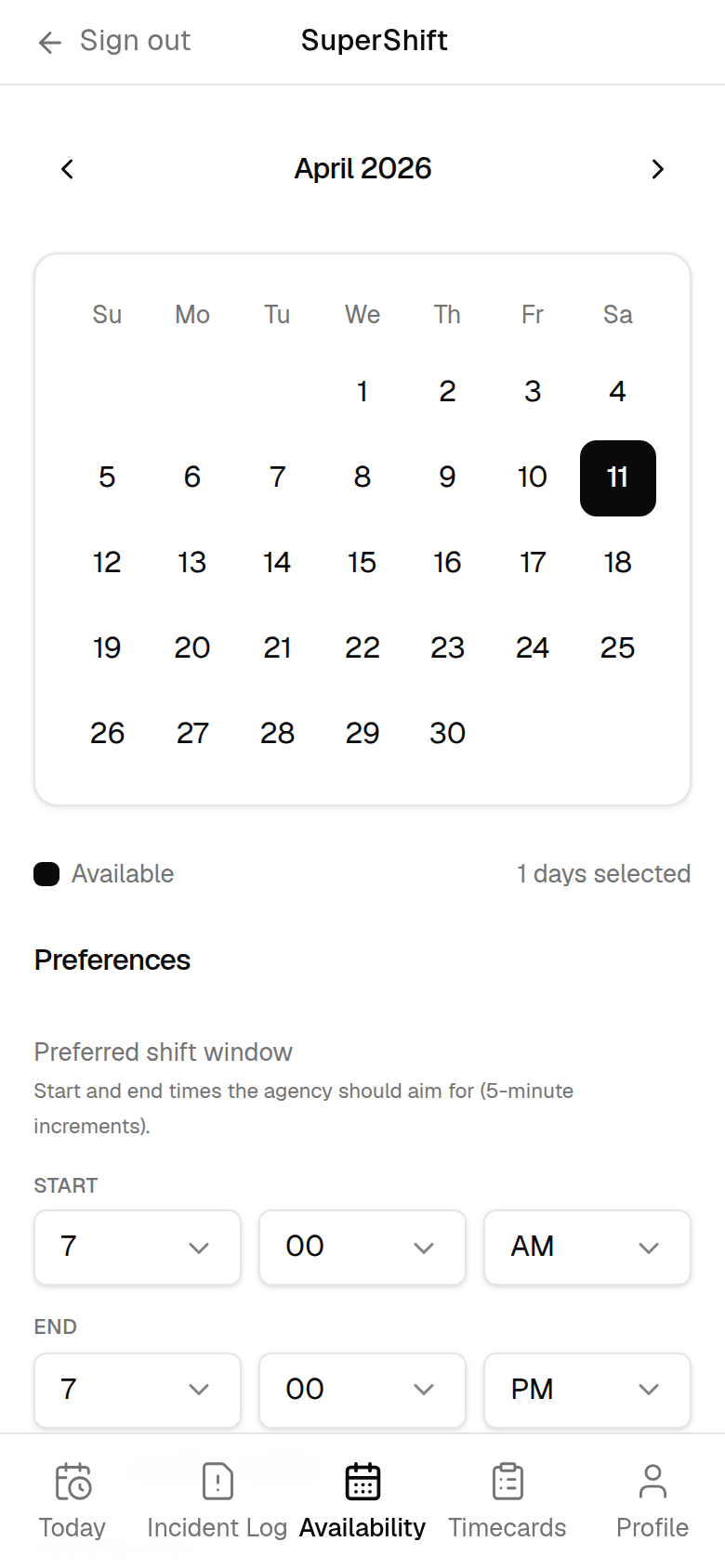SuperShift NP Availability screen with a monthly calendar and preferred shift-window settings.