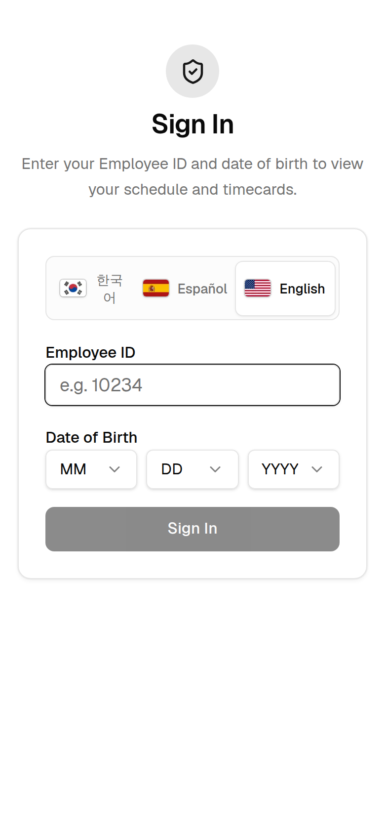 SuperShift NP sign-in screen with language tabs for Korean, Spanish, and English, an employee ID field, and date-of-birth selectors.